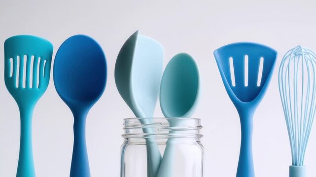 Assortment of blue kitchen utensils, including spatulas, spoons, and a whisk, displayed in front of a neutral background