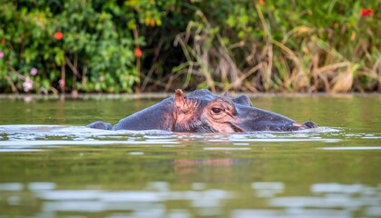 Fototapeta premium Majestic Hippopotamus Emerges from Lush Green Water in African Wilderness.