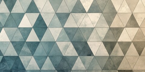 A geometric pattern composed of overlapping triangles in muted teal, beige, and gray tones. The triangles have a slightly distressed, watercolor-like appearance
