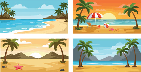Tropical beach landscape illustrations, sunset and sunrise seascapes, palm trees, ocean waves, relaxing vacation scenes, exotic island coastlines, colorful vector art, summer paradise graphics