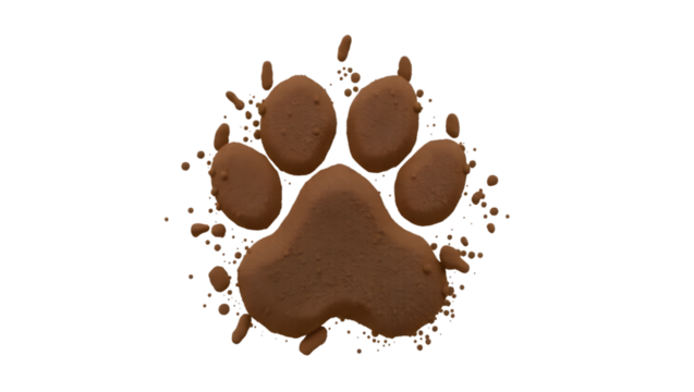 A brown textured paw print with rounded shapes on a black background with pixelated edges around it