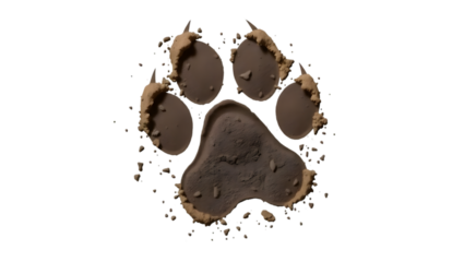 A paw print made of brown powder against a black background in a studio shot with dramatic lighting