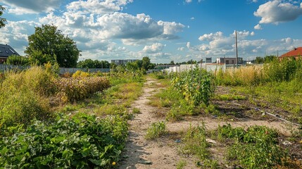 A dirt path winds through a neglected community garden on a sunny day. Wild grasses and weeds grow abundantly along the path and in the garden beds. 