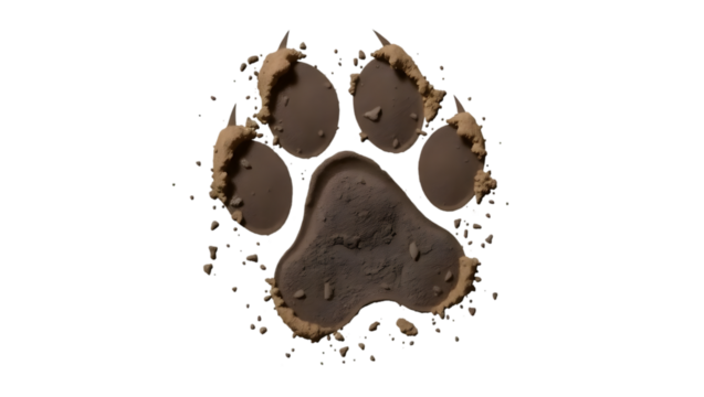A paw print made of brown powder against a black background in a studio shot with dramatic lighting