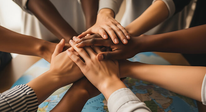 Diverse hands stacked together over a world map symbolizing unity and global collaboration effort shown