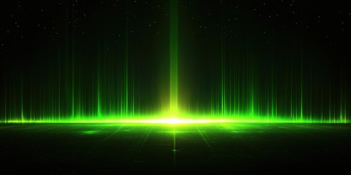 A dark background is illuminated by a vibrant, horizontal band of bright green light. The light appears to be a sound wave visualization, with multiple parallel beams converging towards a central, 