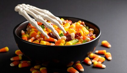 Spooky Skeleton Hand Reaching into a Black Bowl of Colorful Halloween Candy and Treats.