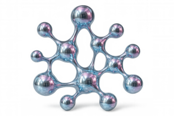 Intricate metallic molecular network, gleaming spherical nodes interconnecting, reflecting light against transparent backdrop