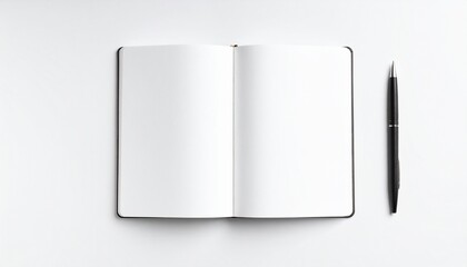 Pristine Workspace: Open Blank Notebook and Sleek Black Pen in a Minimalist Top-Down View