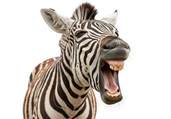 Funny zebra laughing with mouth open isolated on transparent background