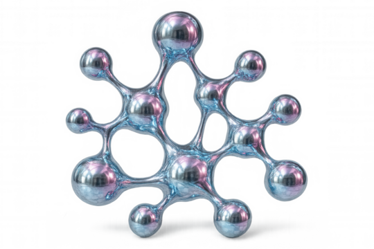 Intricate metallic molecular network, gleaming spherical nodes interconnecting, reflecting light against transparent backdrop