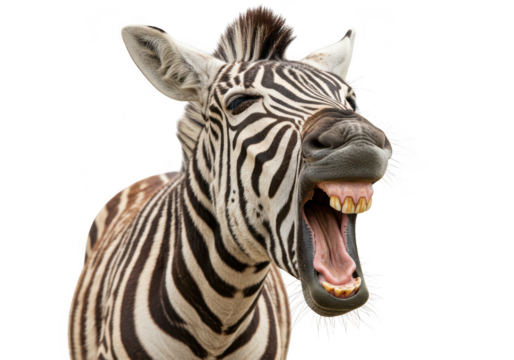 Funny zebra laughing with mouth open isolated on transparent background