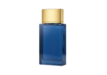 Blue glass perfume bottle with gold cap isolated on transparent background
