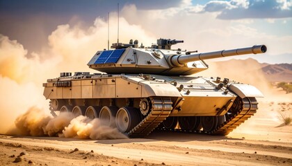 Military Tank Driving Desert with War, Armed Forces, and Heavy Weapon.