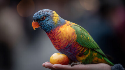 A vibrantly colored parrot displays its brilliant plumage while perched on a hand with fruit.