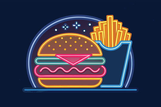 Bright neon sign for "fast food night" featuring burger and fries.
