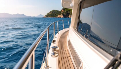 Yacht sailing on blue sea with vacation at sunny coastline.