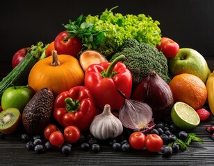 Fresh raw vegetables and fruits arranged on rustic table