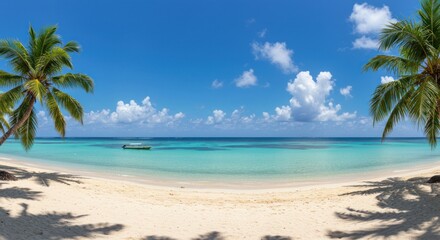 Fototapeta premium Tropical Paradise: Azure Waters, Sandy Beach, Palm Trees, and Sunny Sky.