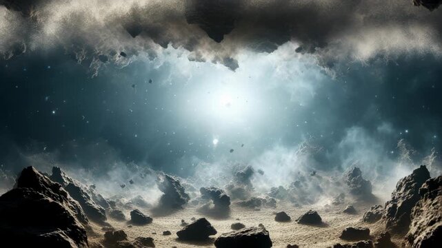 A cosmic video scene from a low-angle perspective, capturing a vast, ethereal space landscape with swirling clouds and distant stars. Live desktop wallpaper.