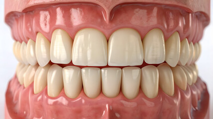A close up of a full set of dentures showcasing dental prosthetics