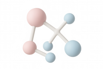 Pink and blue spheres connected by white sticks forming a molecule structure, rendered in 3d on a transparent background