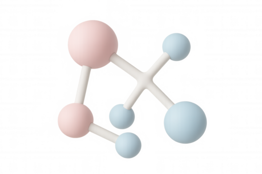 Pink and blue spheres connected by white sticks forming a molecule structure, rendered in 3d on a transparent background