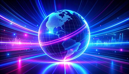 Futuristic global network concept with a luminous wireframe Earth surrounded by abstract data streams and neon lights