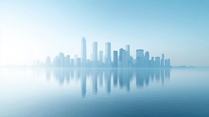Fototapeta premium City skyline reflected in calm water at dawn. Possible use Stock photo for architecture, design, or travel