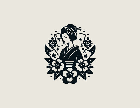 Karakter geisha wanita cantik dengan mawar dan kartu remi. Konsep seni Jepang