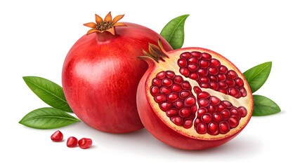 Two pomegranates, one halved, isolated on white background