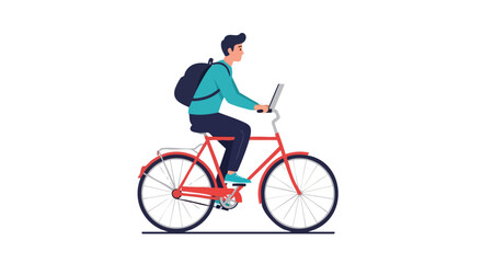 Naklejka premium Digital Nomad: Conceptual Illustration of a Man Working on a Laptop While Riding a Bicycle, Embracing Remote Work