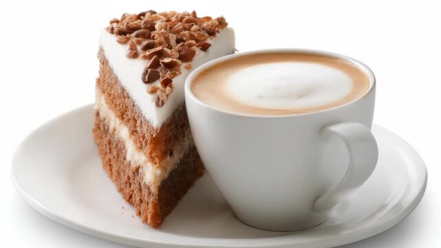 A slice of cake with cream cheese frosting and nuts, accompanied by a cappuccino, sits on a white plate, all on a white background