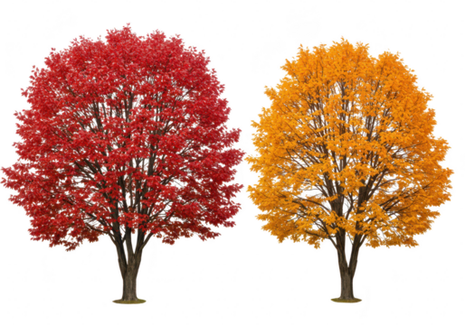 Two trees in autumn, one with vibrant red leaves and the other with bright orange foliage, isolated on a transparent background