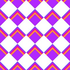 A bold and vibrant seamless pattern featuring a harlequin diamond grid. The striking contrast of bright purple, hot pink, and orange against a crisp white background creates a dynamic and modern look.