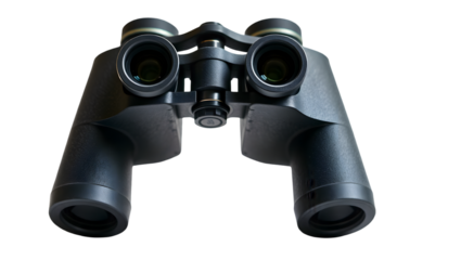 A close up shot of black binoculars with lens reflection on a black isolated background view object