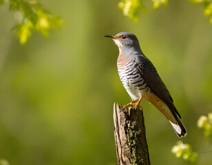Fototapeta premium A cuckoo bird calling in a sunlit forest during springtime in Europe, Common cuckoo song, European bird call, Cuculus canorus singing.