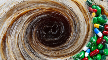 Swirling vortex of coffee and capsules, illustrating chemical imbalance and tension.