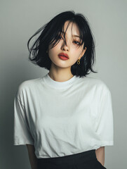 Fototapeta premium A beautiful female model wearing a white t-shirt. A product shot for fashion and apparel. best use for mockup.