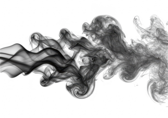 Abstract black smoke wisps swirling and curling against a transparent background, creating a dynamic and ethereal pattern