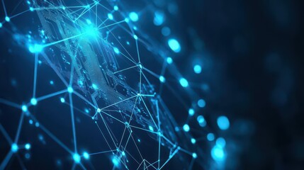 Fototapeta premium Futuristic digital network visualization with interconnected glowing lines and dots representing data transfer and communication technology concepts