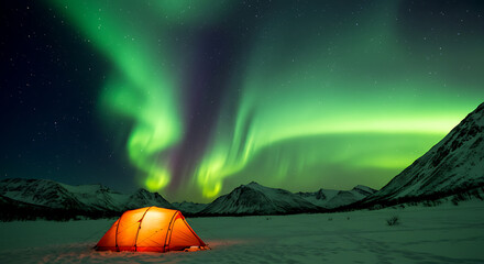 Solitary tent glows beneath vibrant green aurora in remote mountains.