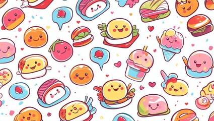 Fototapeta premium Kawaii Food Pattern: Delightful Cartoon Food Illustrations