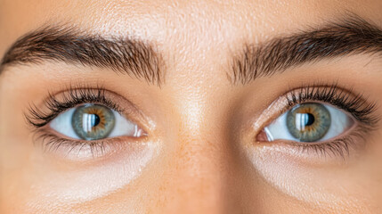Close up of bright blue eyes with long eyelashes and well groomed eyebrows, showcasing beauty