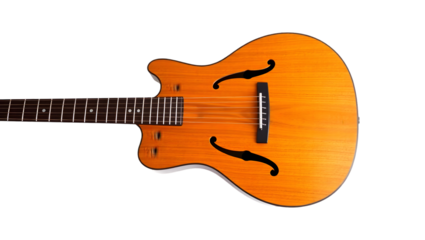 A hollow body guitar with a light brown finish and f holes on a black background in a studio shot