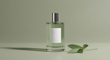 A clear glass perfume bottle with a blank label, set against a muted sage green background, accented by a sprig of leaves.