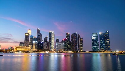 Fototapeta premium Stunning cityscape at dusk showcasing a modern skyline of skyscrapers illuminated with colorful lights reflecting on a calm water body with a vibrant sky in the background
