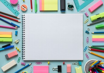Colorful Office Supplies Spread Across a Desk Surrounding a Blank Notebook for Creative Ideas and Planning