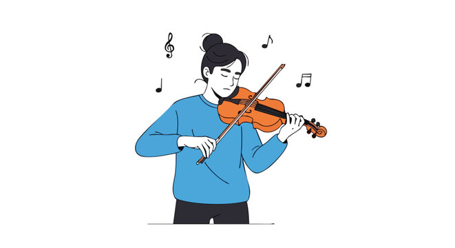 A focused violinist immersed in the music while performing a musical piece with passion and dedication as notes float in the air creating atmosphere