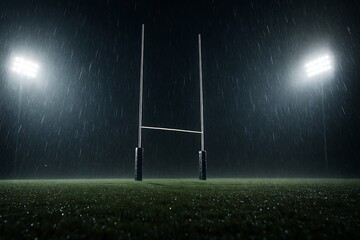 Rain falls intensely on an empty rugby field, illuminated by stadium lights creating a somber mood.